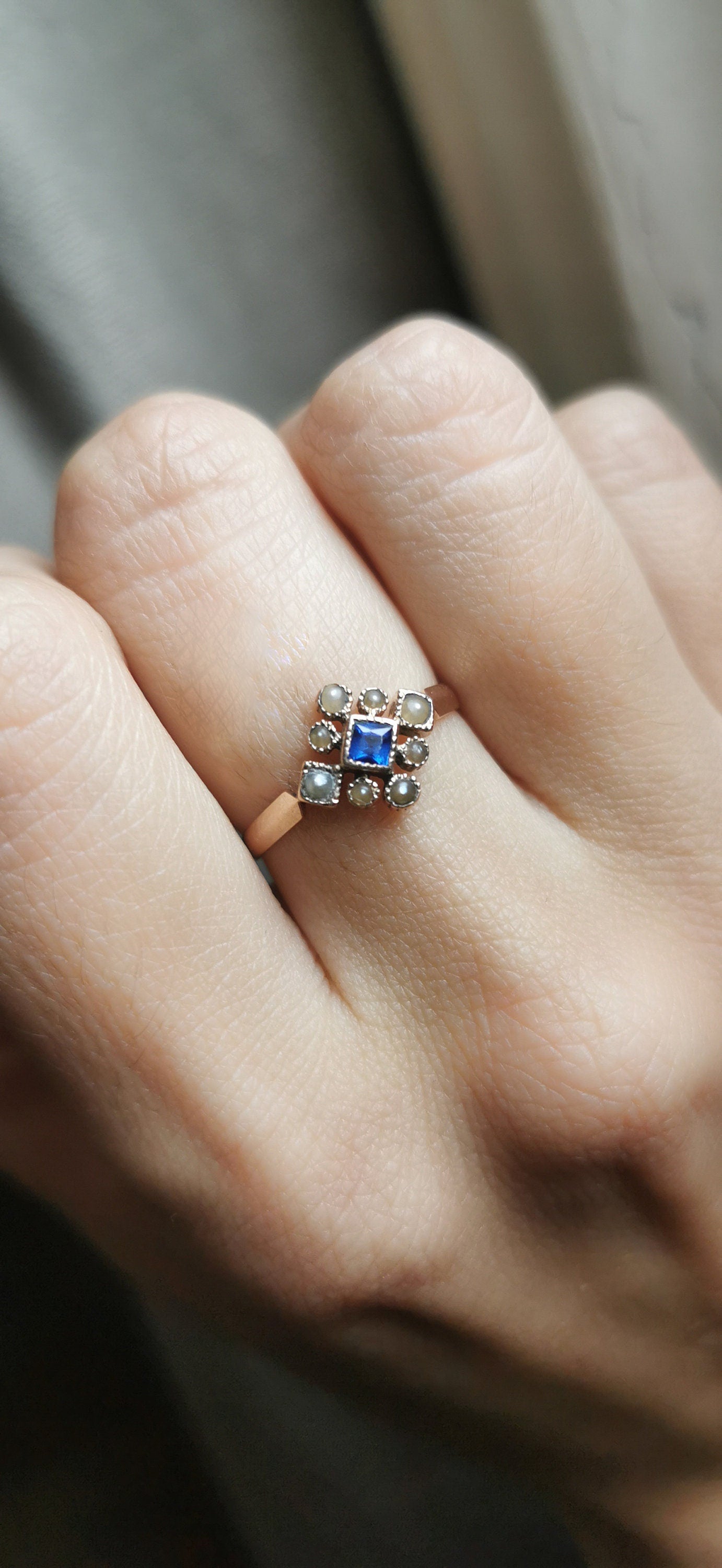 1900 Antique Ring 18K Rose Gold Ring with a bleu doublet stone and 8 half pearls gift for her Antique French Engagement Ring Edwardian Ring