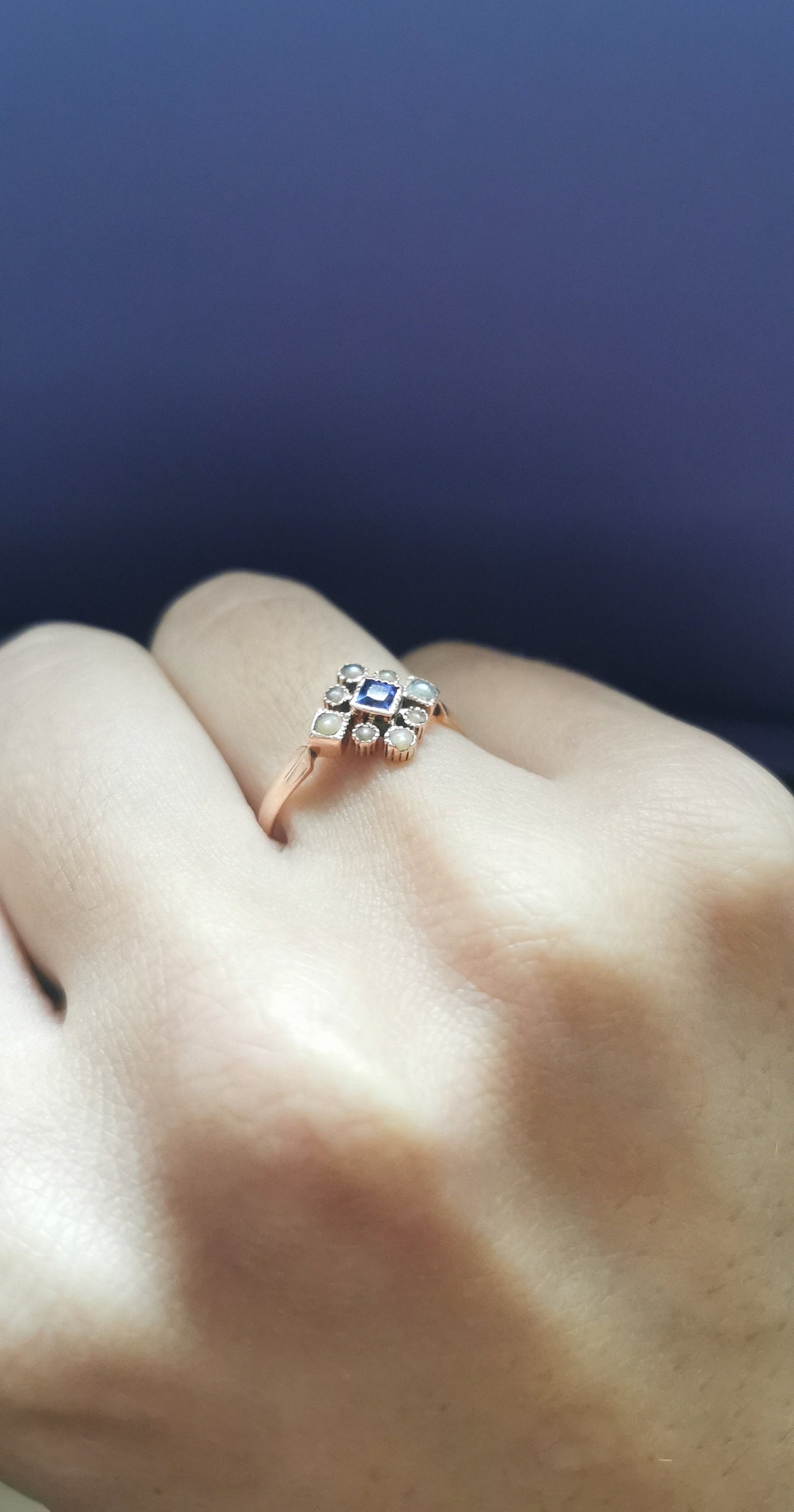 1900 Antique Ring 18K Rose Gold Ring with a bleu doublet stone and 8 half pearls gift for her Antique French Engagement Ring Edwardian Ring