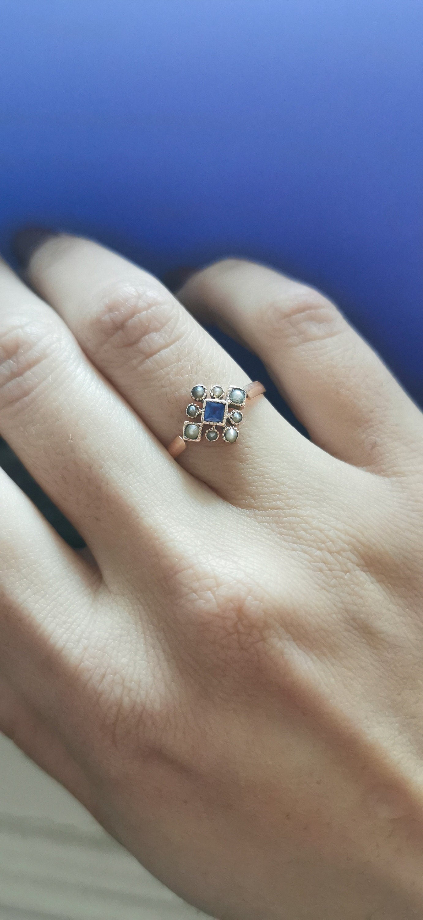 1900 Antique Ring 18K Rose Gold Ring with a bleu doublet stone and 8 half pearls gift for her Antique French Engagement Ring Edwardian Ring
