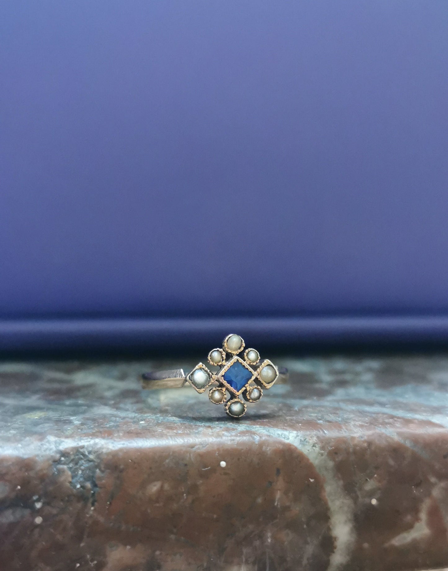 1900 Antique Ring 18K Rose Gold Ring with a bleu doublet stone and 8 half pearls gift for her Antique French Engagement Ring Edwardian Ring