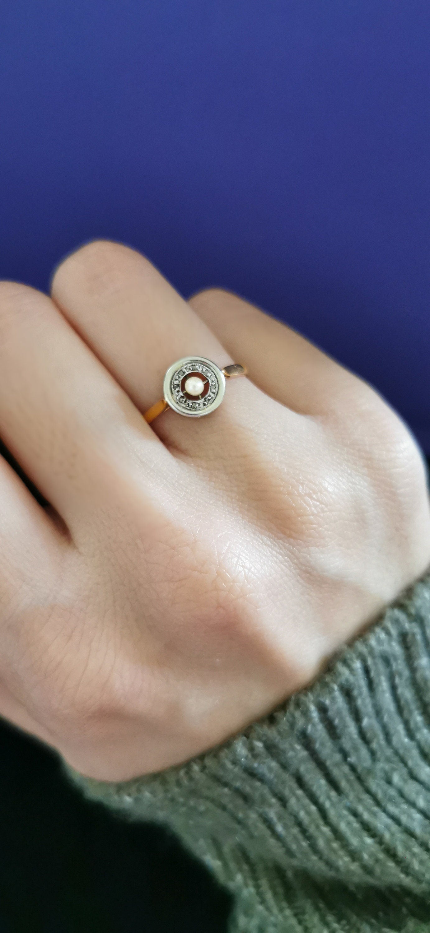 1900 Antique Ring French Edwardian 18 ct Gold and Baroque Pearl and diamond cluster ring Antique Engagement French Diamond and pearl Ring