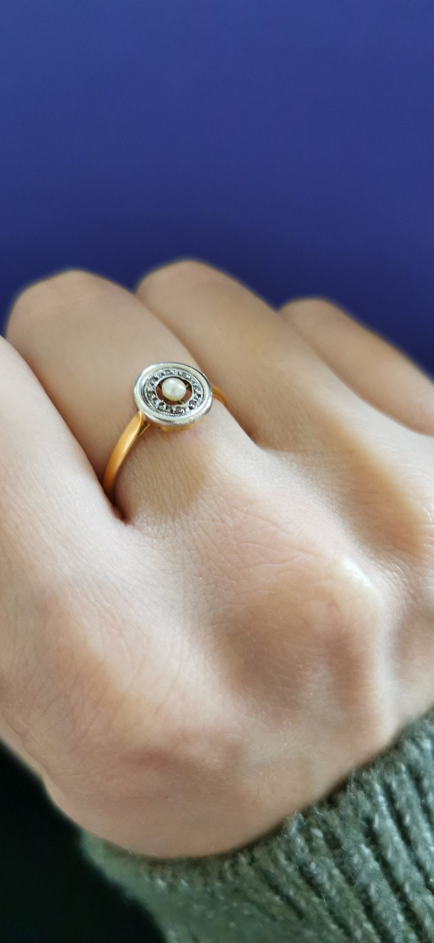 1900 Antique Ring French Edwardian 18 ct Gold and Baroque Pearl and diamond cluster ring Antique Engagement French Diamond and pearl Ring