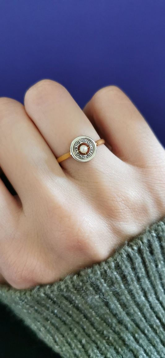 1900 Antique Ring French Edwardian 18 ct Gold and Baroque Pearl and diamond cluster ring Antique Engagement French Diamond and pearl Ring
