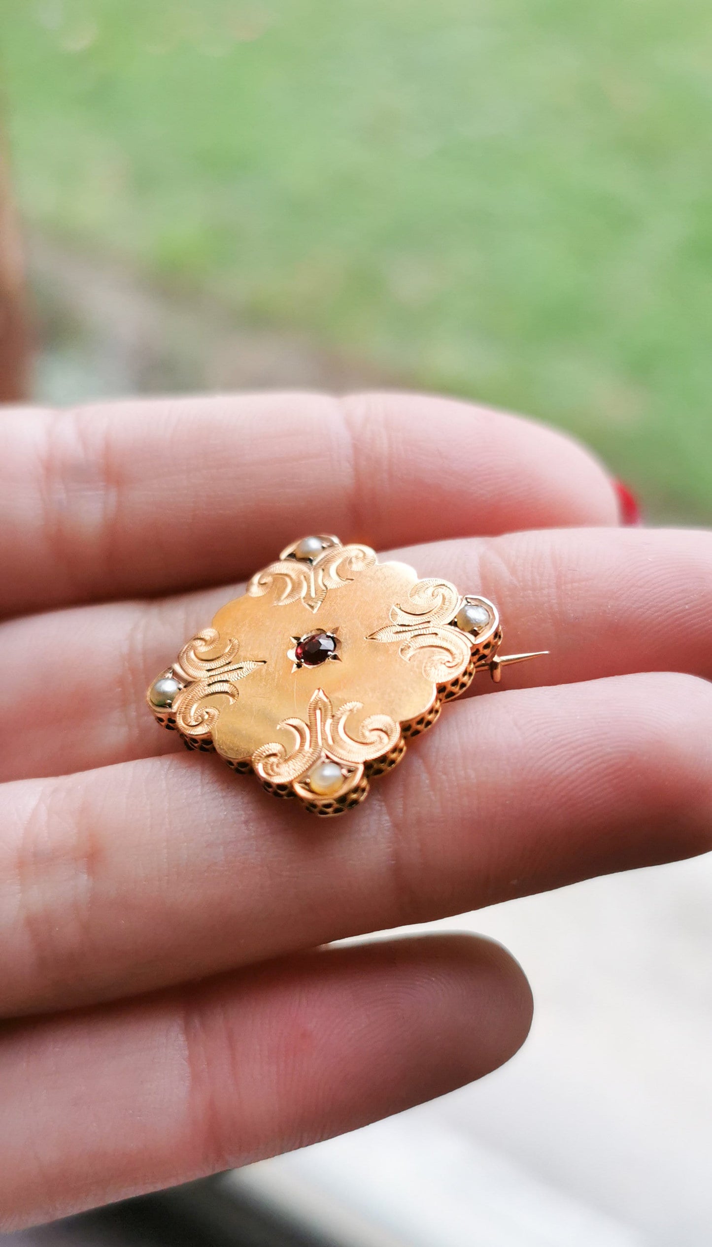 18ct Victorian gold brooch with seed Pearls and Ruby Napoleon III Gold Brooch Antique French Brooch