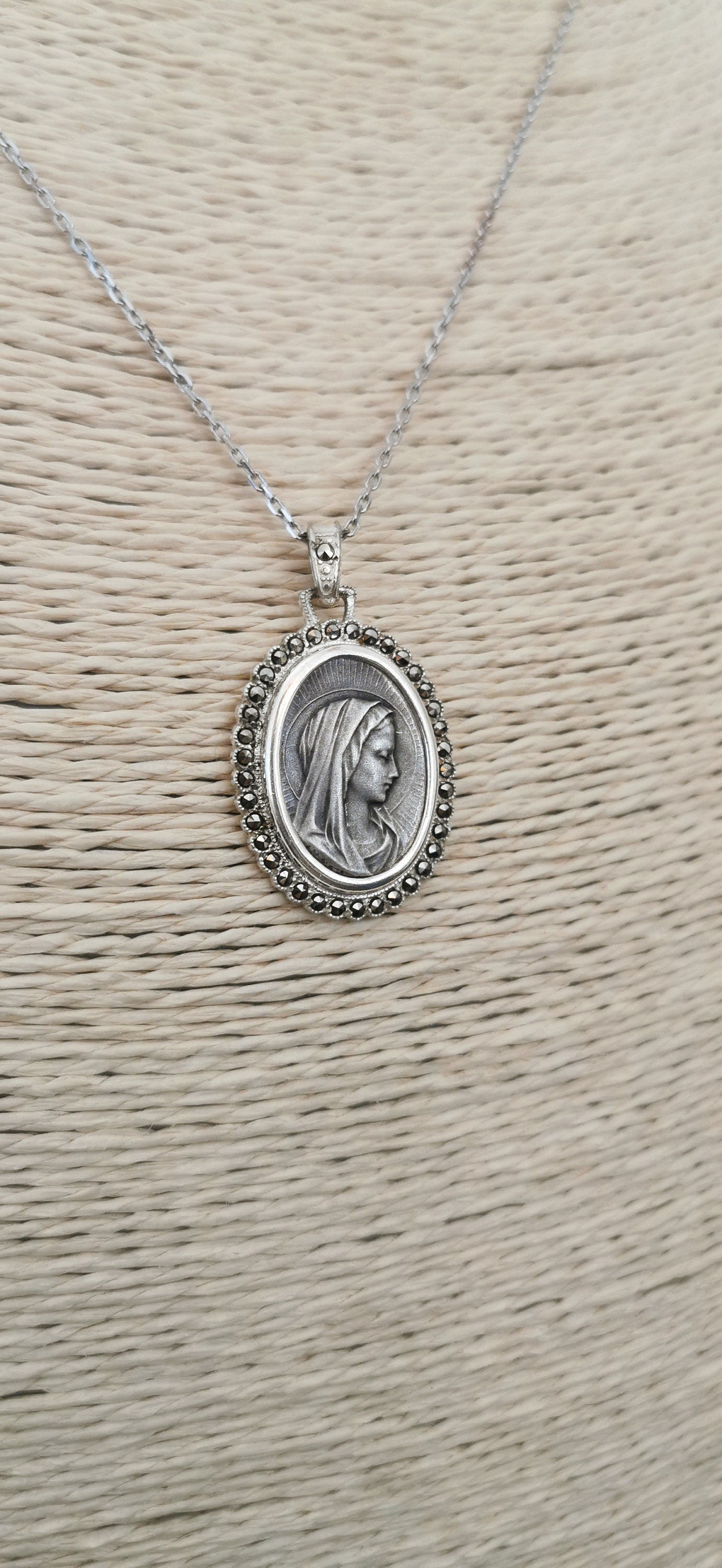 1900s Art Nouveau Virgin Mary Pendant with marcassites stones Unique Silver virgin Mary Medal French religious medal Gift for Her