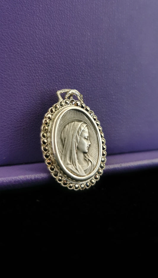 1900s Art Nouveau Virgin Mary Pendant with marcassites stones Unique Silver virgin Mary Medal French religious medal Gift for Her