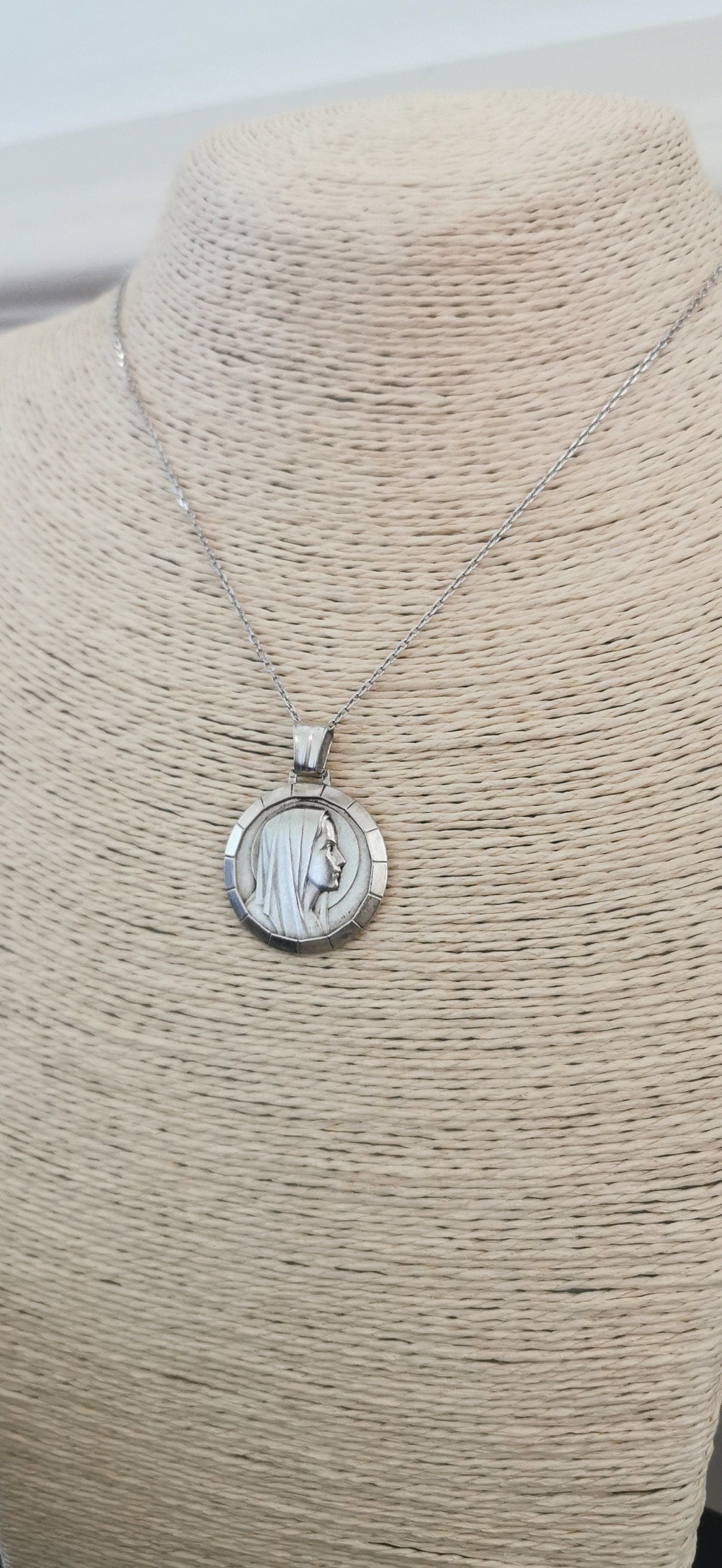 1930 Art Deco Virgin Mary Silver French Religious Medal Antique Silver Virgin Mary Pendant gift for him gift for Her