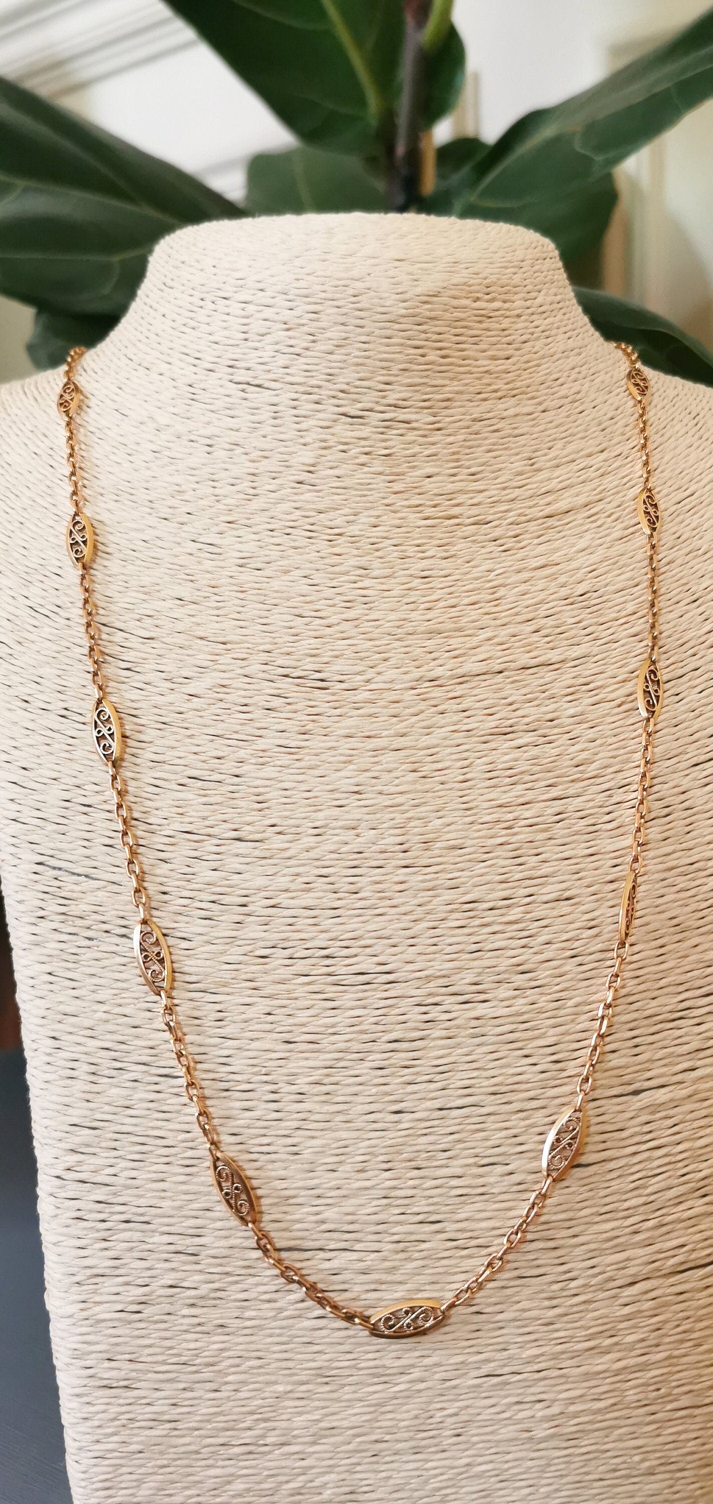 1890's Antique 18K gold Necklace French 18k yellow gold filigree chain Art nouveau necklace