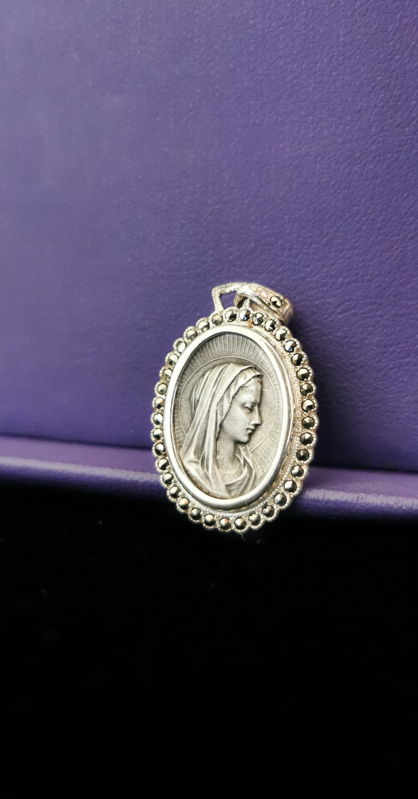 1900s Art Nouveau Virgin Mary Pendant with marcassites stones Unique Silver virgin Mary Medal French religious medal Gift for Her