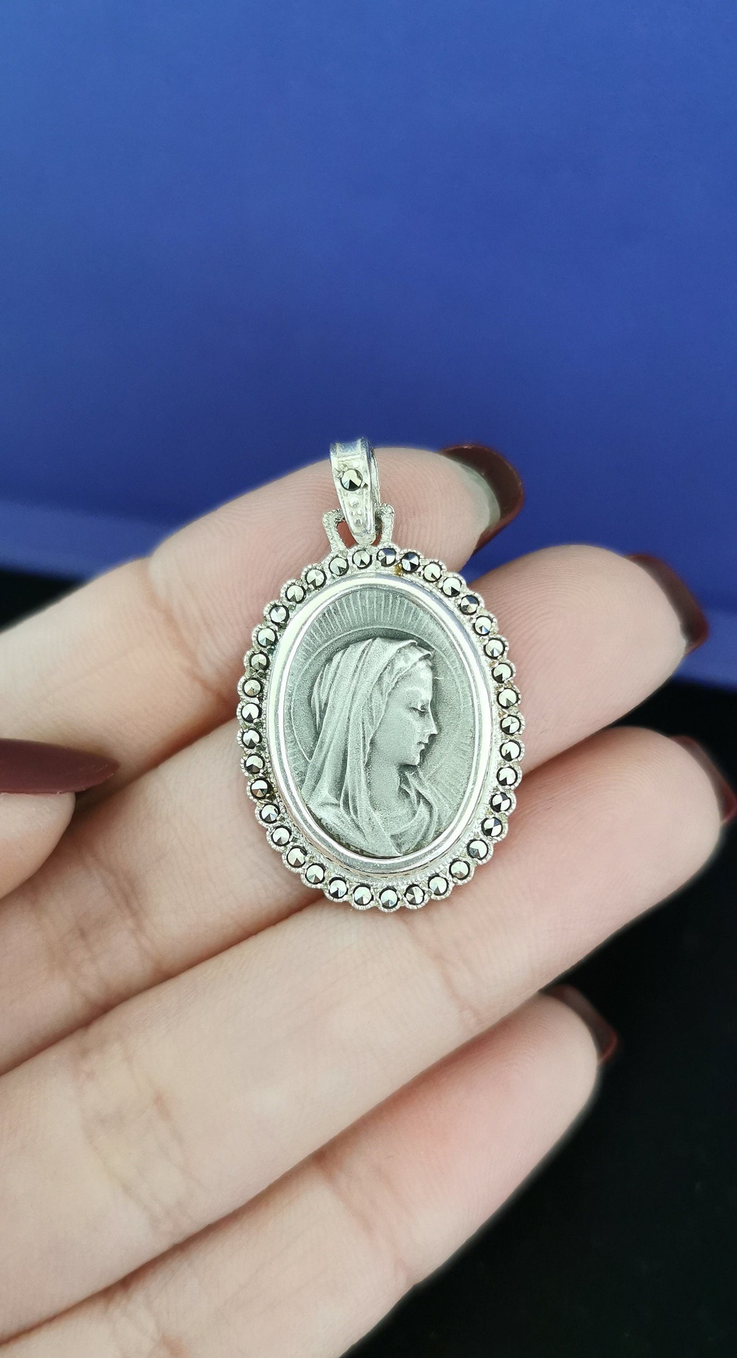 1900s Art Nouveau Virgin Mary Pendant with marcassites stones Unique Silver virgin Mary Medal French religious medal Gift for Her