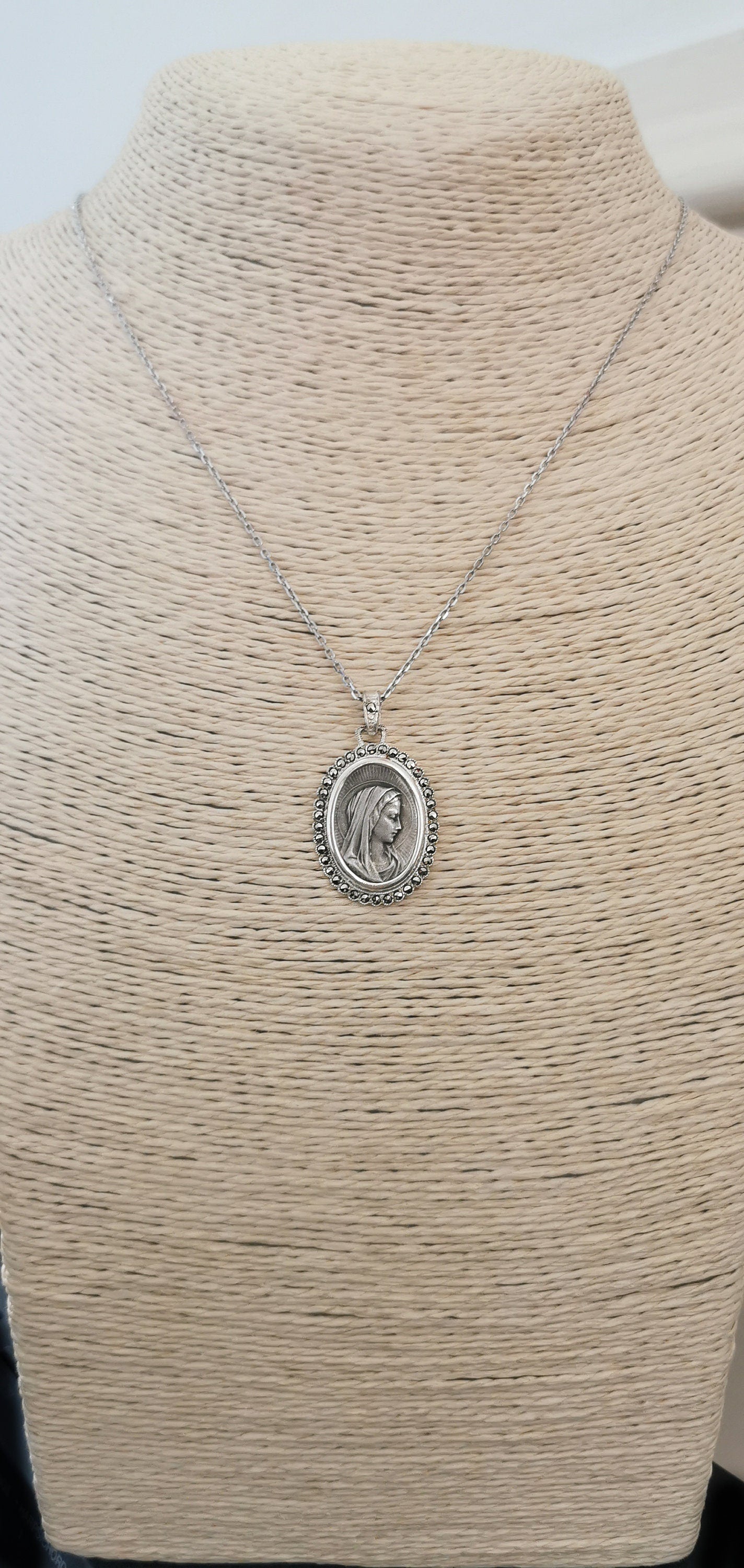 1900s Art Nouveau Virgin Mary Pendant with marcassites stones Unique Silver virgin Mary Medal French religious medal Gift for Her