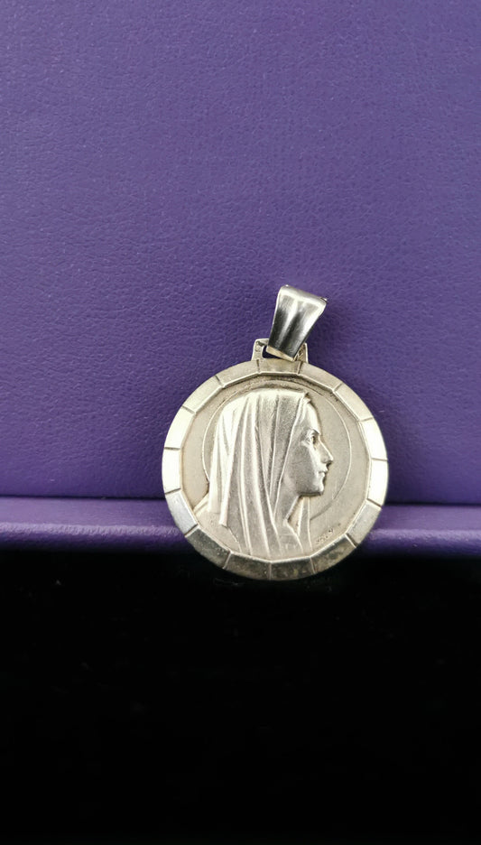 1930 Art Deco Virgin Mary Silver French Religious Medal Antique Silver Virgin Mary Pendant gift for him gift for Her