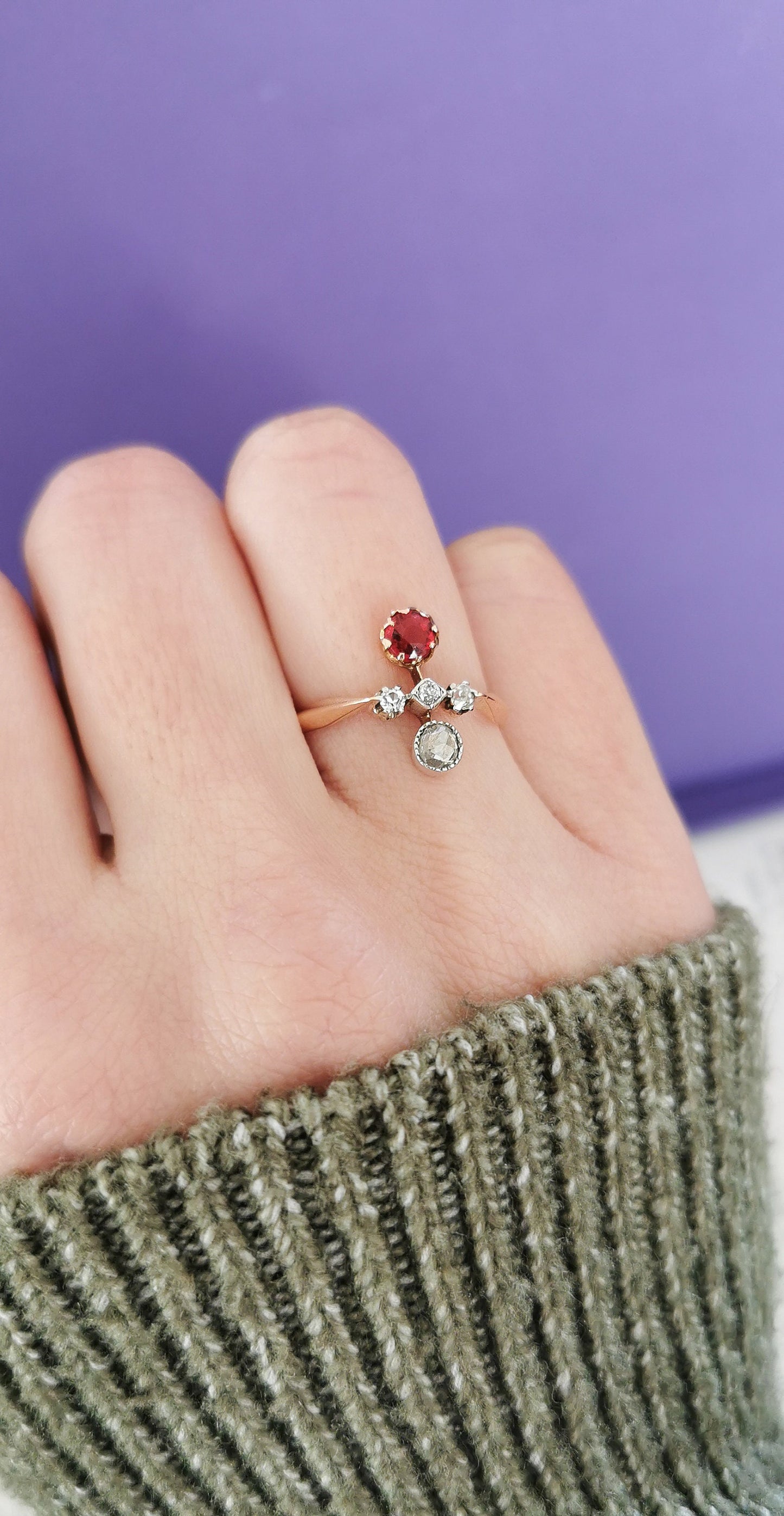 18K 1900 Antique Diamond Ring 18K Toi & Moi Gold Ring with diamonds and Garnet Antique French Engagement Ring Edwardian Ring gift for her