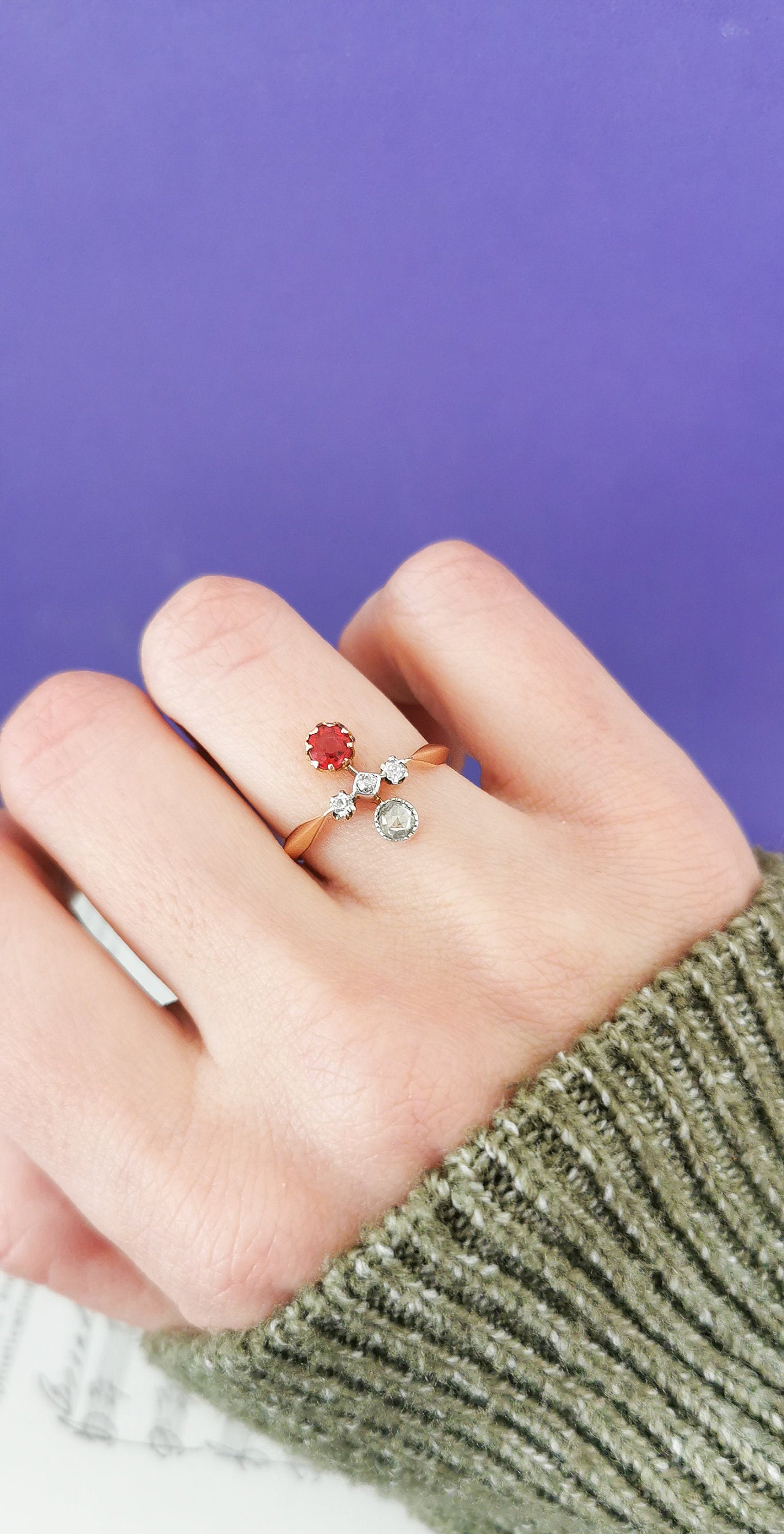18K 1900 Antique Diamond Ring 18K Toi & Moi Gold Ring with diamonds and Garnet Antique French Engagement Ring Edwardian Ring gift for her
