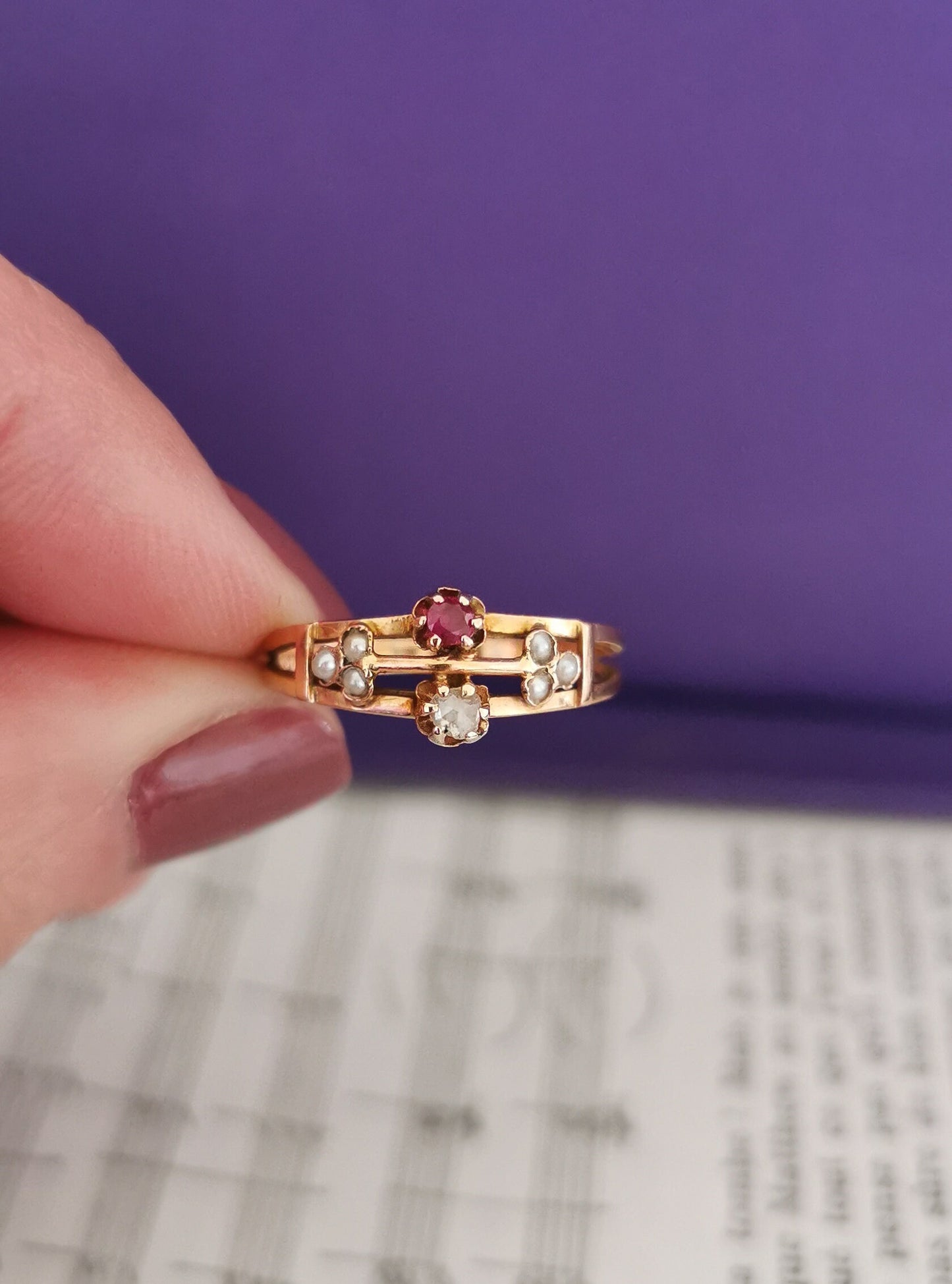 18K 1900 Antique Diamond & Ruby Ring 18K Antique Pearl Gold Ring Antique French pearl Ring Victorian Ruby Ring gift for her