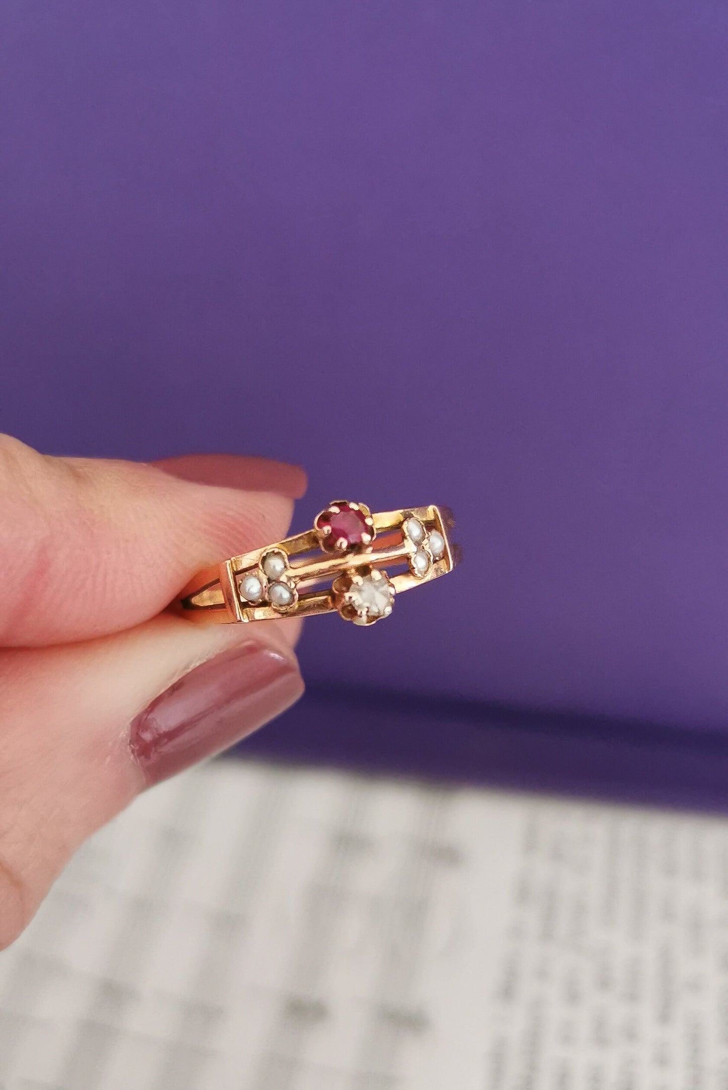 18K 1900 Antique Diamond & Ruby Ring 18K Antique Pearl Gold Ring Antique French pearl Ring Victorian Ruby Ring gift for her