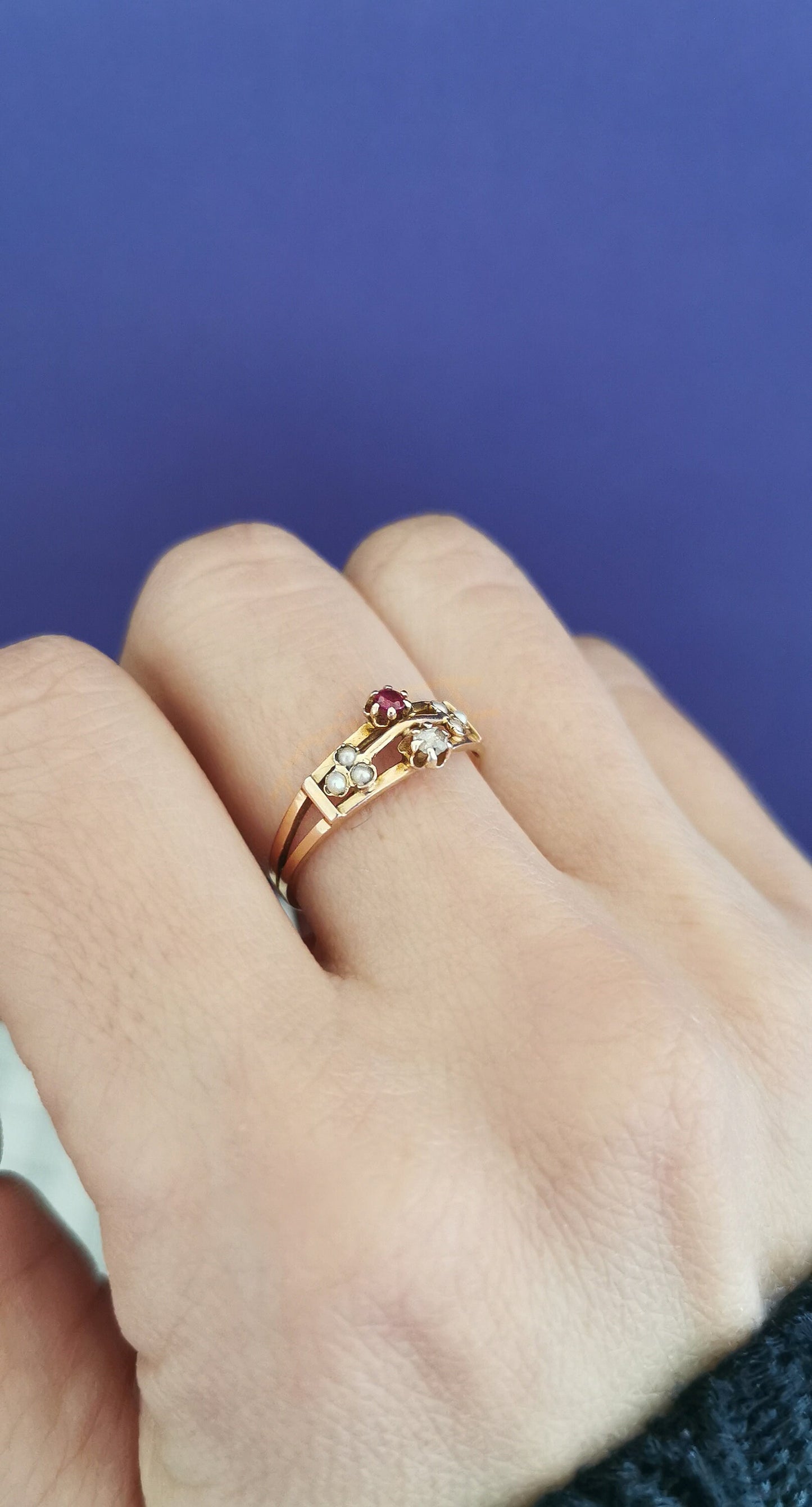 18K 1900 Antique Diamond & Ruby Ring 18K Antique Pearl Gold Ring Antique French pearl Ring Victorian Ruby Ring gift for her