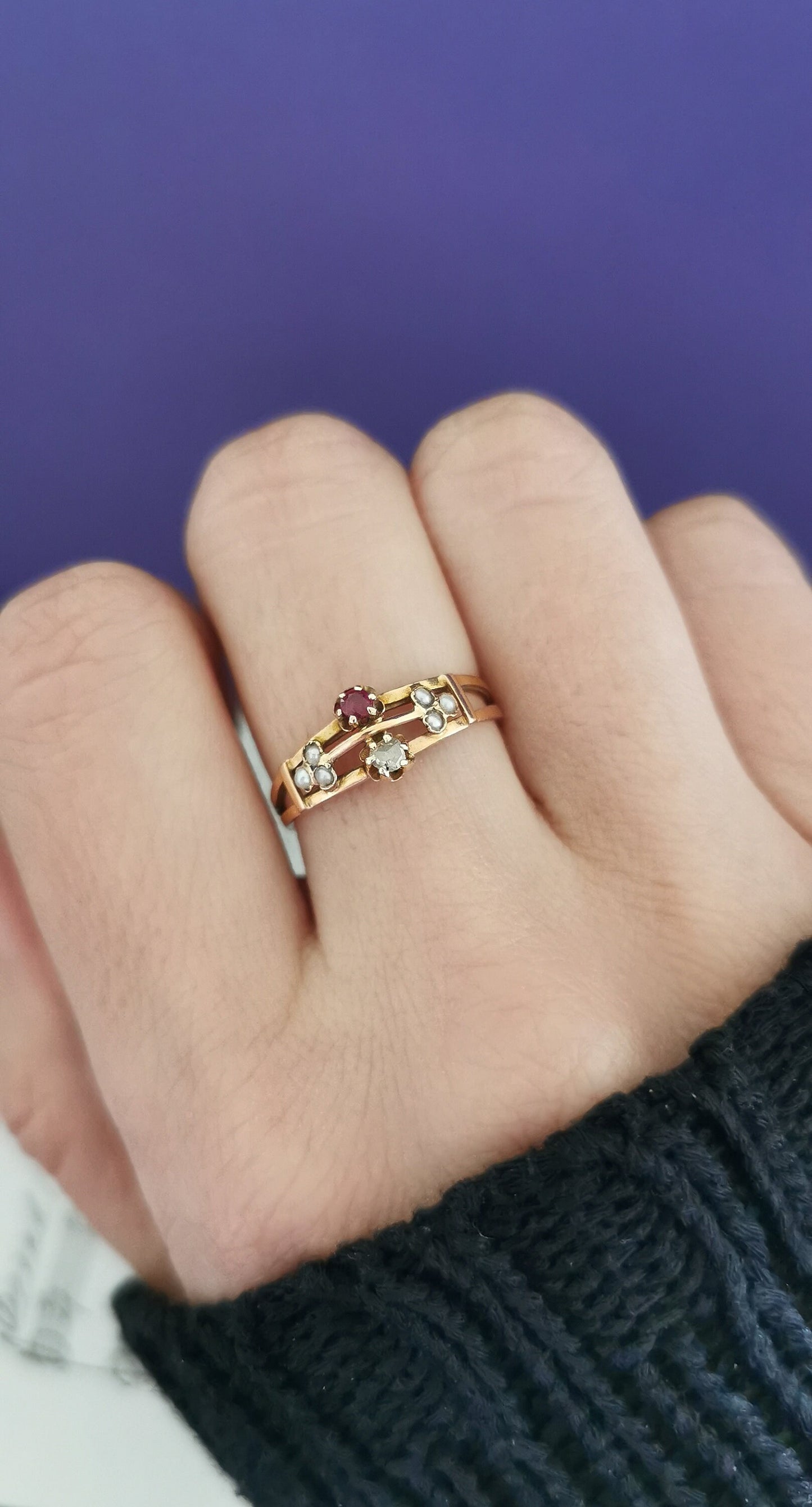 18K 1900 Antique Diamond & Ruby Ring 18K Antique Pearl Gold Ring Antique French pearl Ring Victorian Ruby Ring gift for her