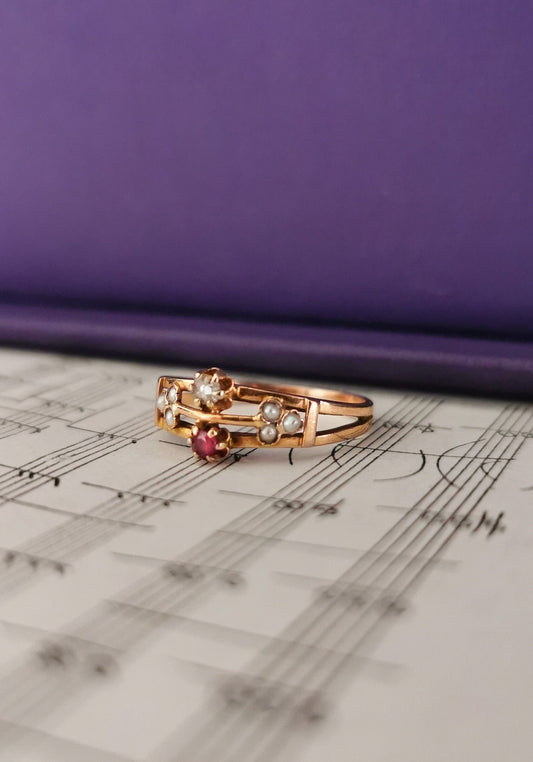 18K 1900 Antique Diamond & Ruby Ring 18K Antique Pearl Gold Ring Antique French pearl Ring Victorian Ruby Ring gift for her