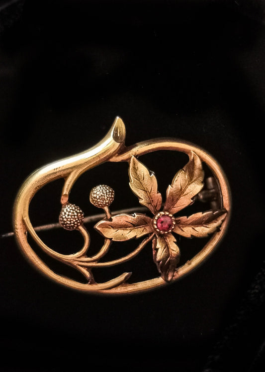 French antique c1900s Belle Epoque gold filled flower brooch with ruby paste stone