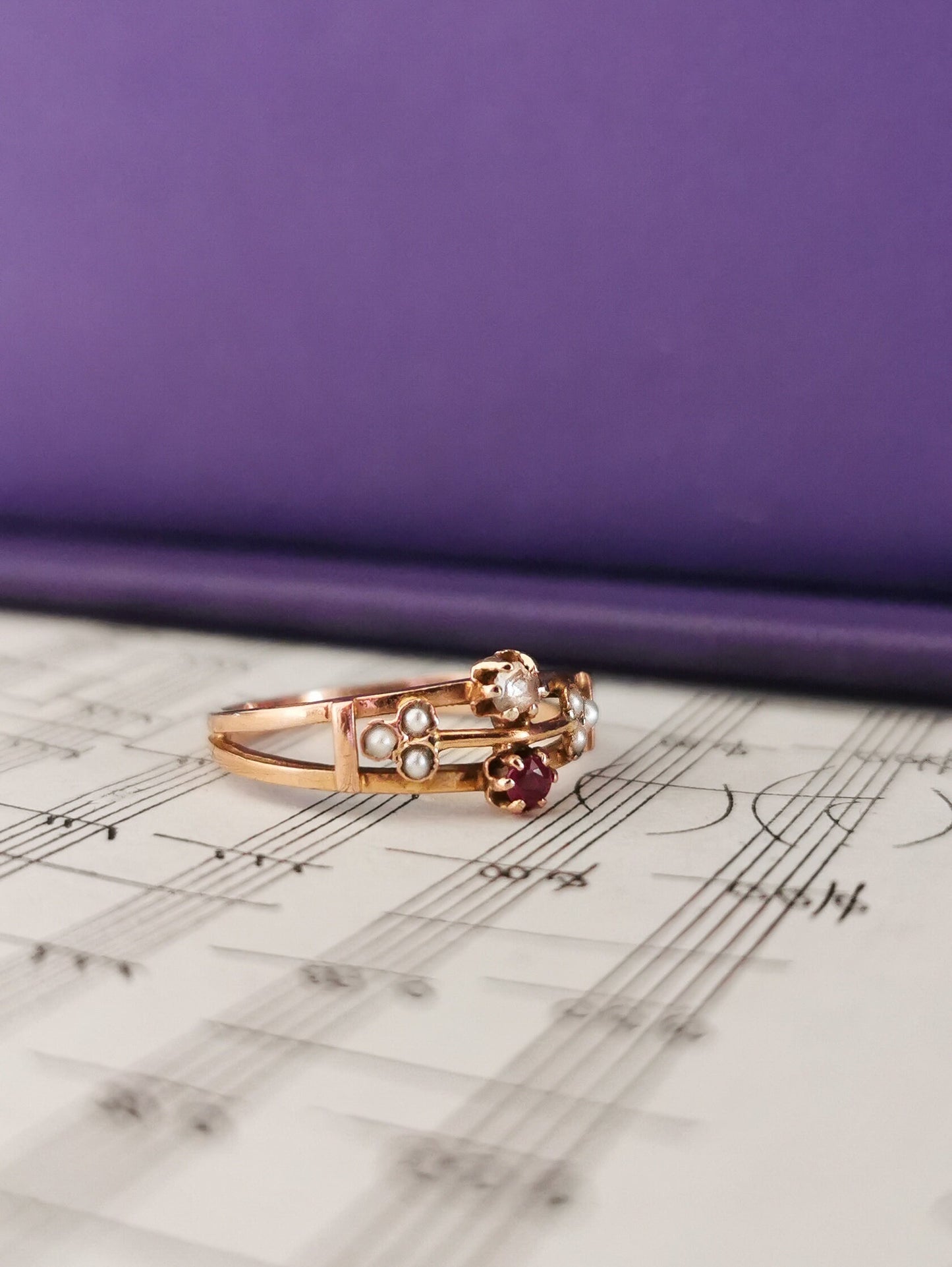 18K 1900 Antique Diamond & Ruby Ring 18K Antique Pearl Gold Ring Antique French pearl Ring Victorian Ruby Ring gift for her