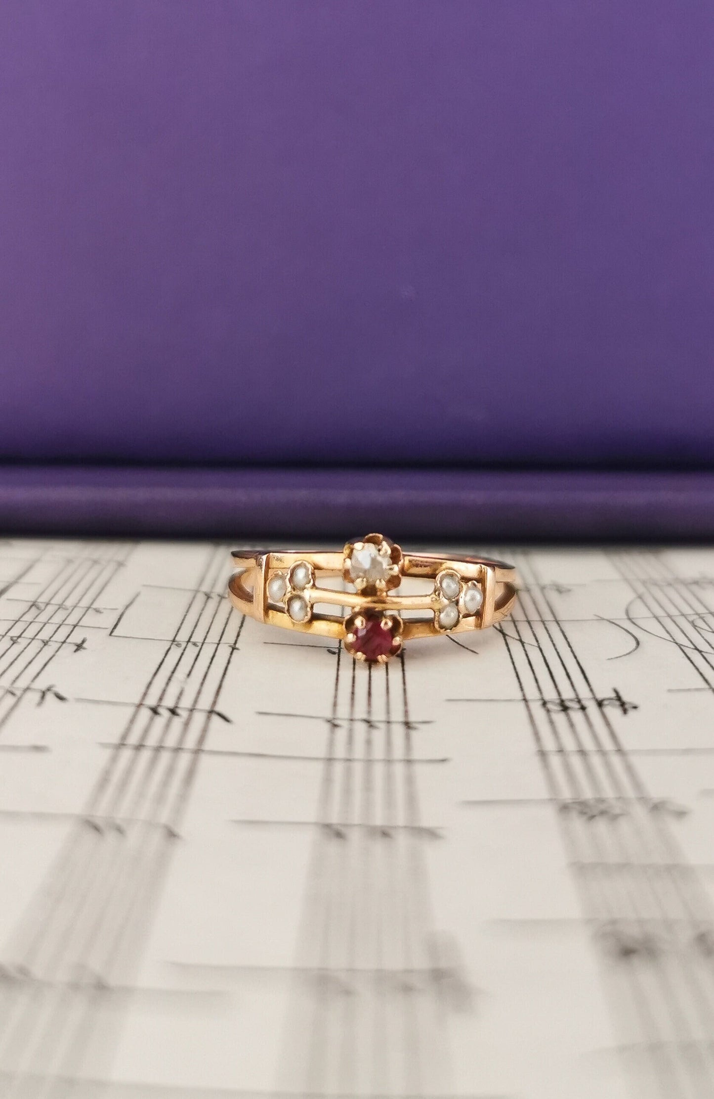 18K 1900 Antique Diamond & Ruby Ring 18K Antique Pearl Gold Ring Antique French pearl Ring Victorian Ruby Ring gift for her