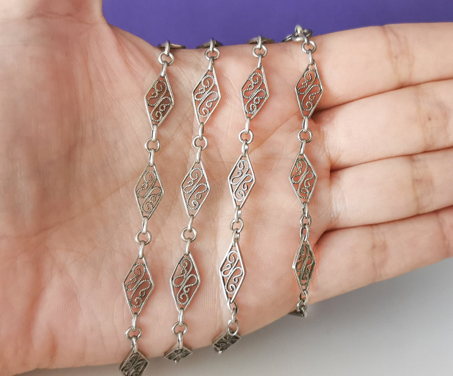 Edwardian Antique Silver Filigree Necklace with Bolt Ring French  Guard Chain Vintage silver necklace gift for Her