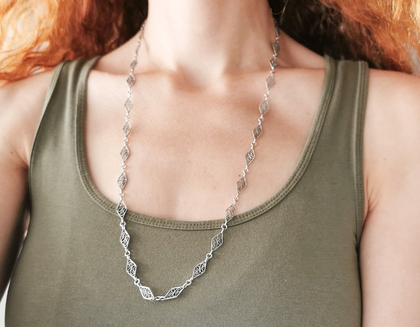 Edwardian Antique Silver Filigree Necklace with Bolt Ring French  Guard Chain Vintage silver necklace gift for Her