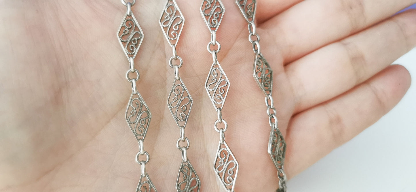 Edwardian Antique Silver Filigree Necklace with Bolt Ring French  Guard Chain Vintage silver necklace gift for Her