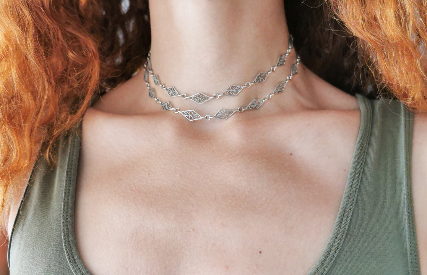 Edwardian Antique Silver Filigree Necklace with Bolt Ring French  Guard Chain Vintage silver necklace gift for Her