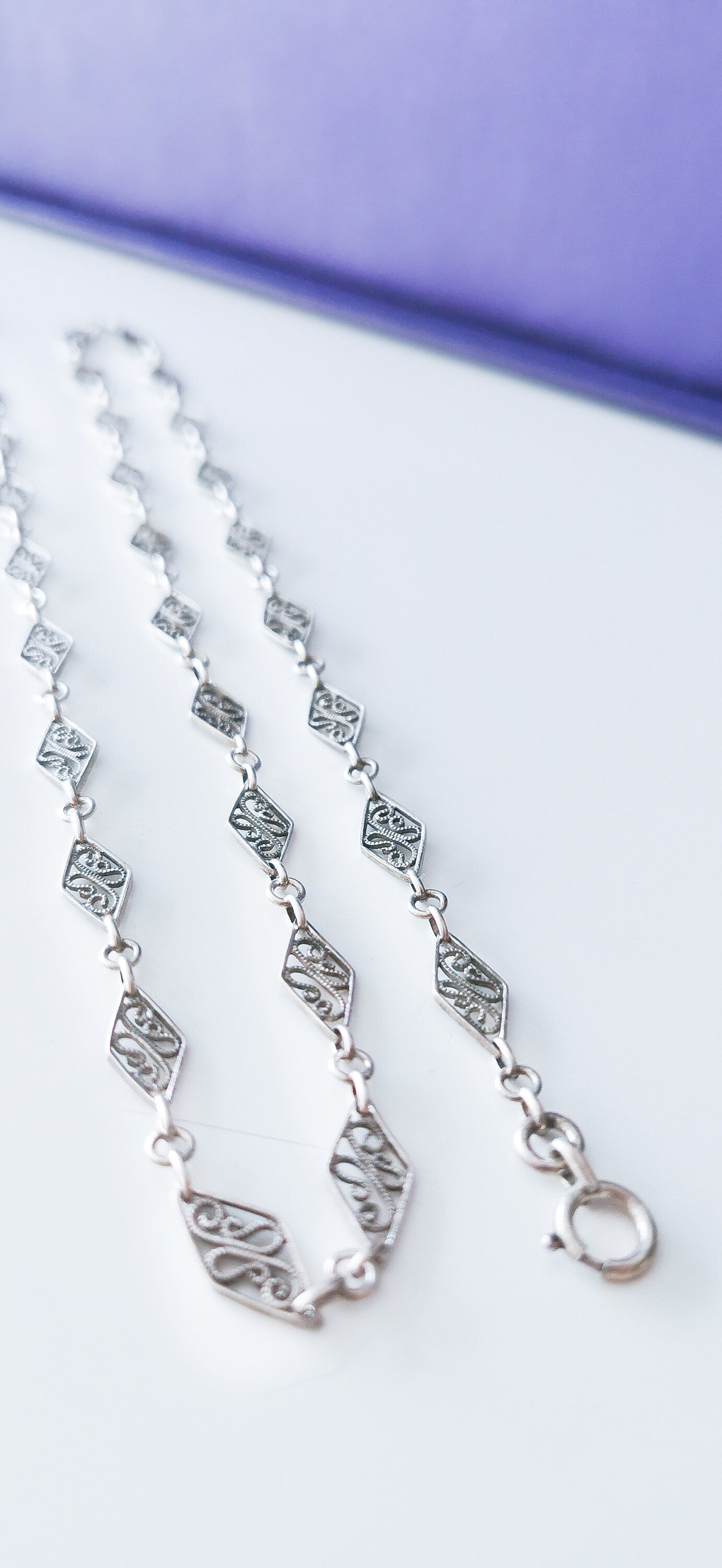 Edwardian Antique Silver Filigree Necklace with Bolt Ring French  Guard Chain Vintage silver necklace gift for Her