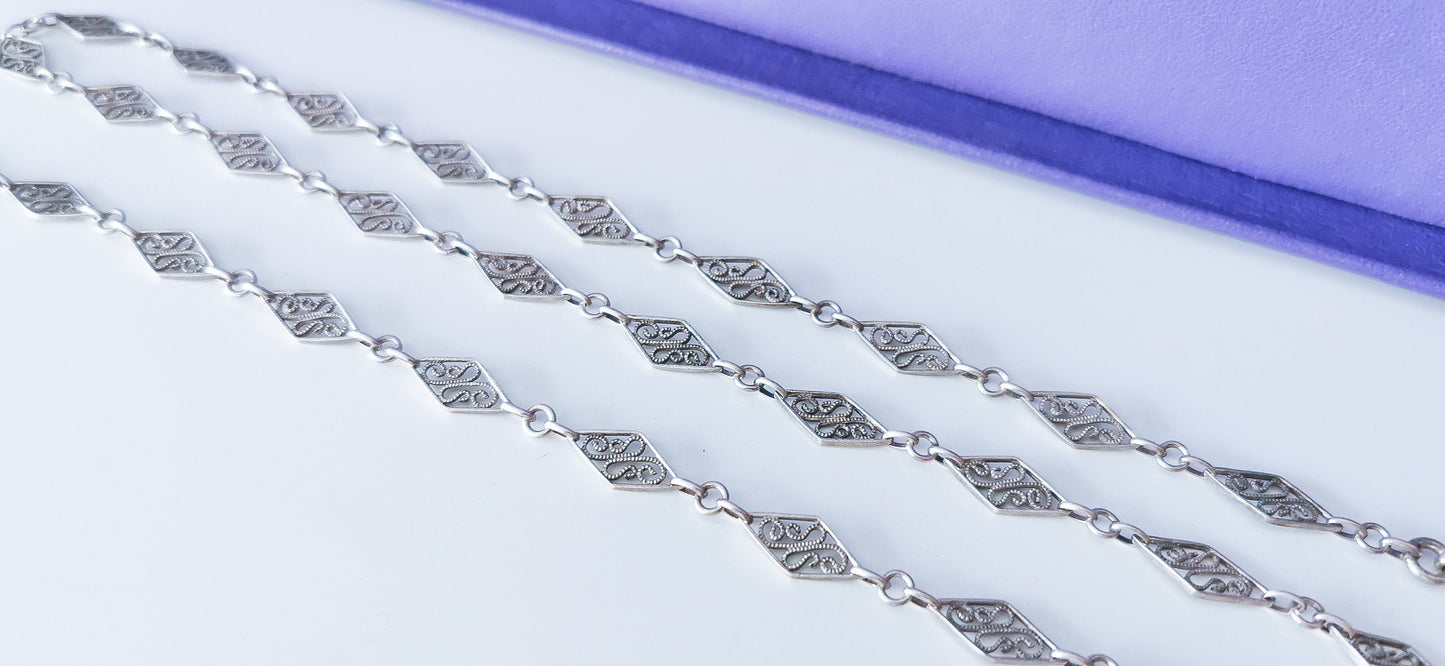 Edwardian Antique Silver Filigree Necklace with Bolt Ring French  Guard Chain Vintage silver necklace gift for Her