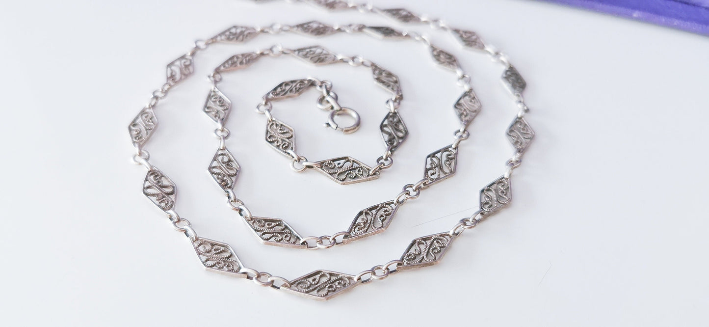 Edwardian Antique Silver Filigree Necklace with Bolt Ring French  Guard Chain Vintage silver necklace gift for Her