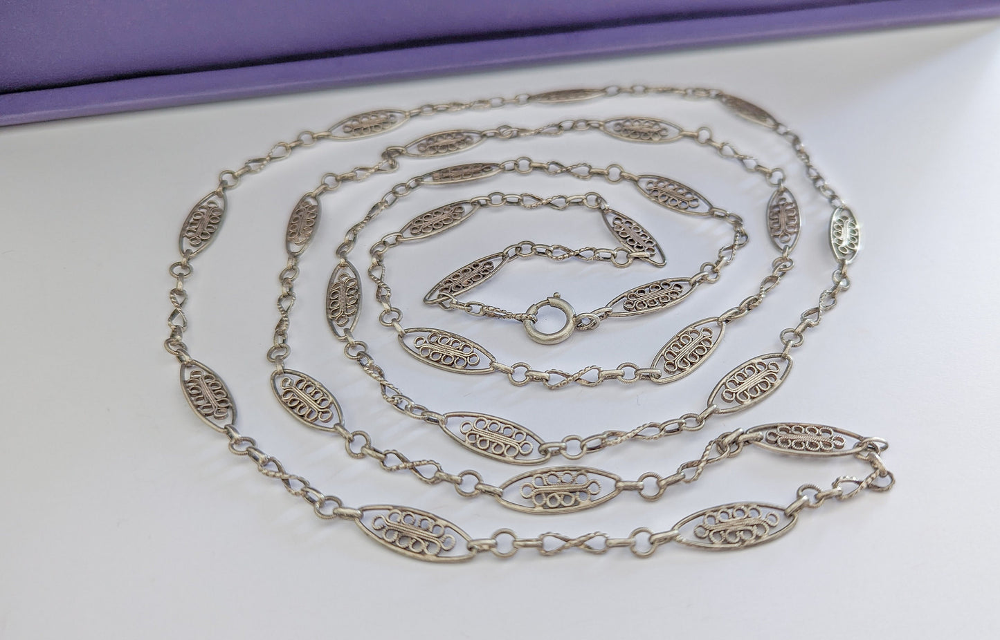 52" 1880- 1910 Antique Necklace French silver filigree Edwardian Chain Antique Longuard chain Vintage Necklace gift for her