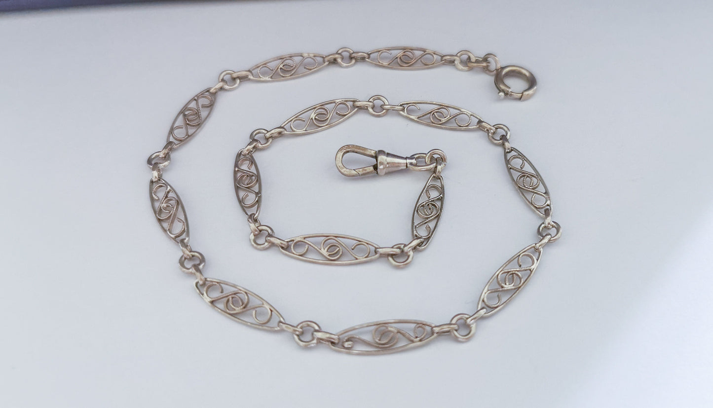 1900s Antique Bracelet French silver filigree chain Art nouveau watch chain