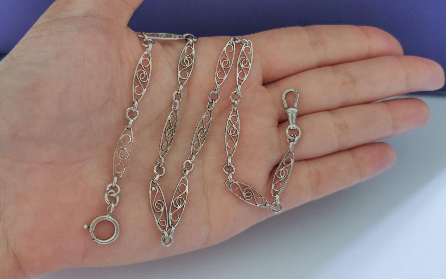 1900s Antique Bracelet French silver filigree chain Art nouveau watch chain