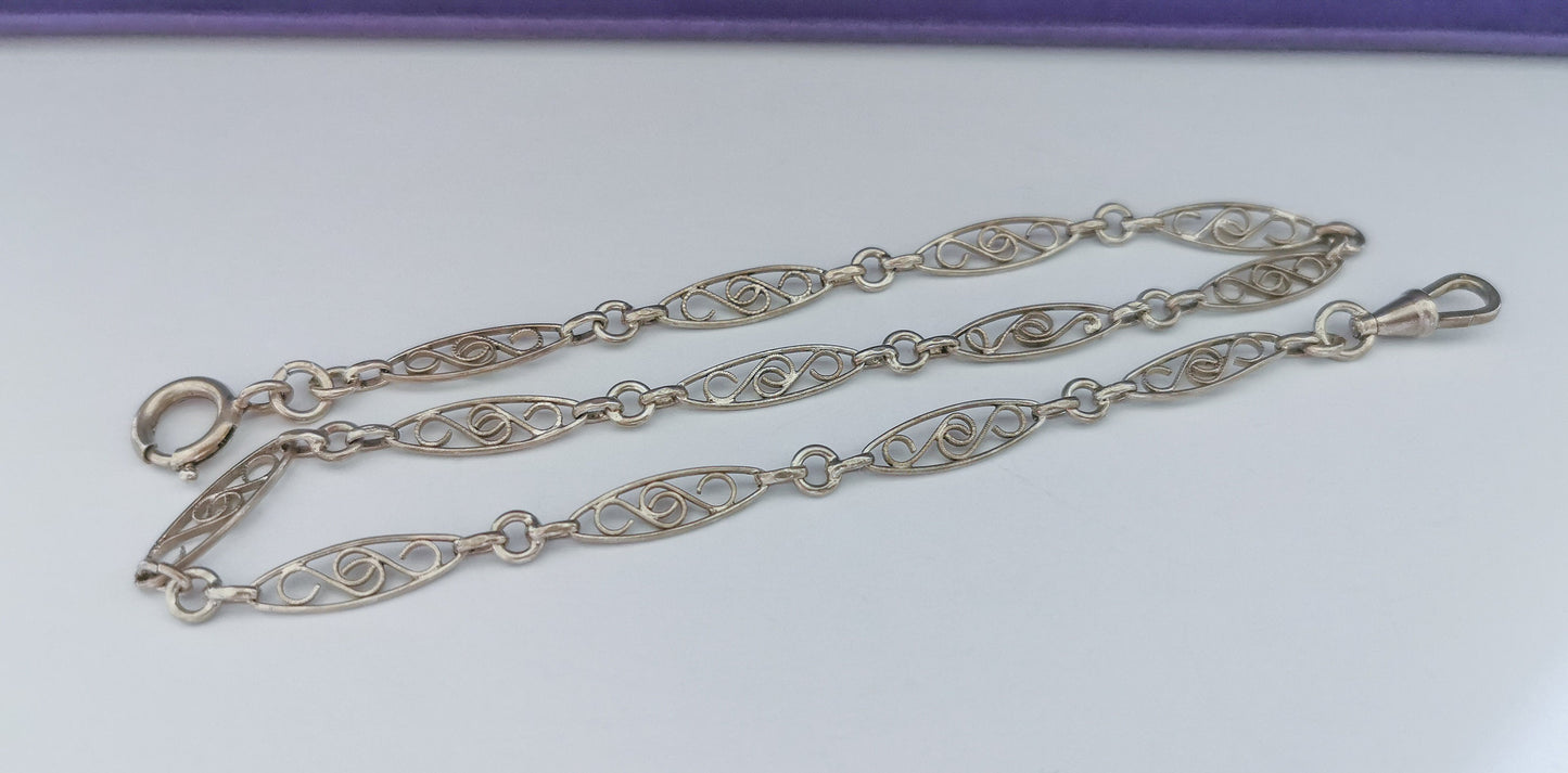 1900s Antique Bracelet French silver filigree chain Art nouveau watch chain