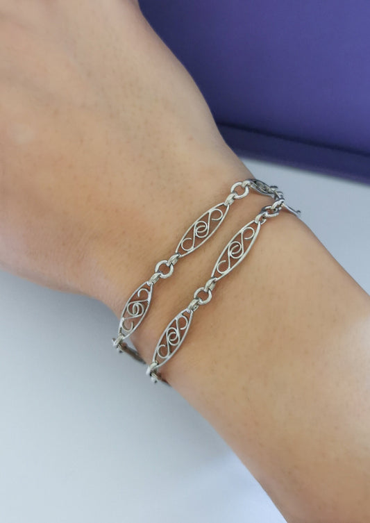 1900s Antique Bracelet French silver filigree chain Art nouveau watch chain