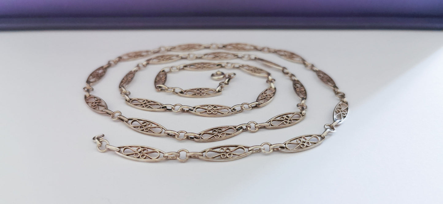 Edwardian Antique Silver Filigree Necklace with Bolt Ring French Guard Chain gift for Her Antique Necklace Vintage silver necklace