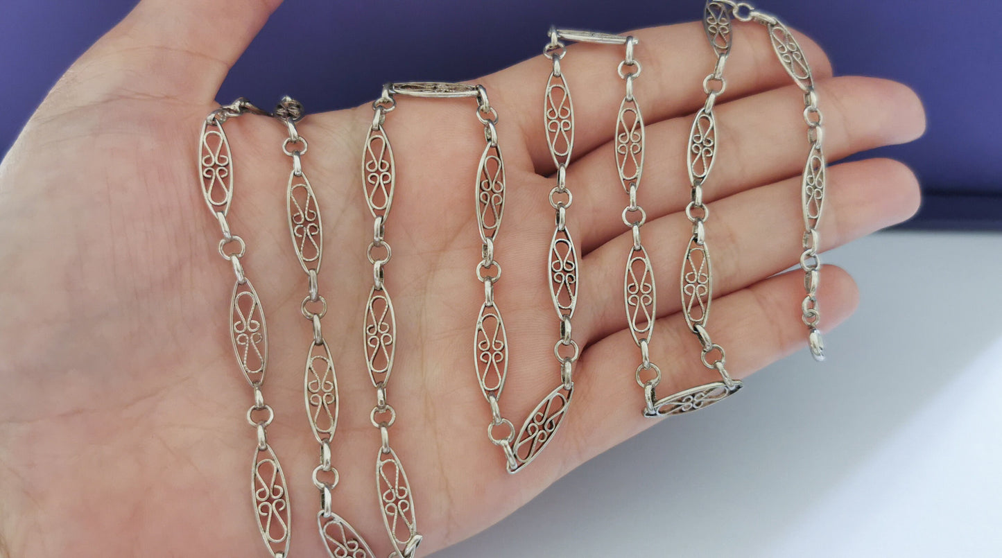Edwardian Antique Silver Filigree Necklace with Bolt Ring French Guard Chain gift for Her Antique Necklace Vintage silver necklace