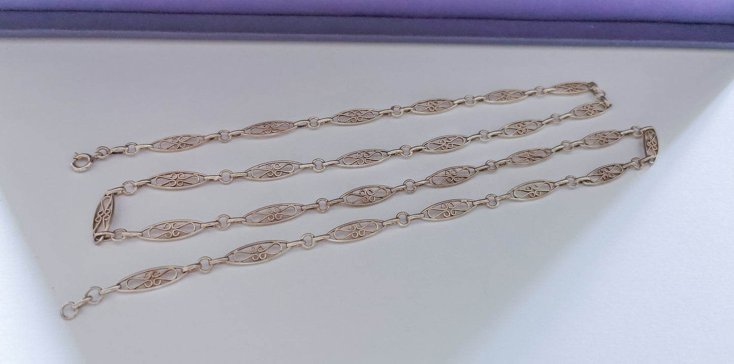 Edwardian Antique Silver Filigree Necklace with Bolt Ring French Guard Chain gift for Her Antique Necklace Vintage silver necklace