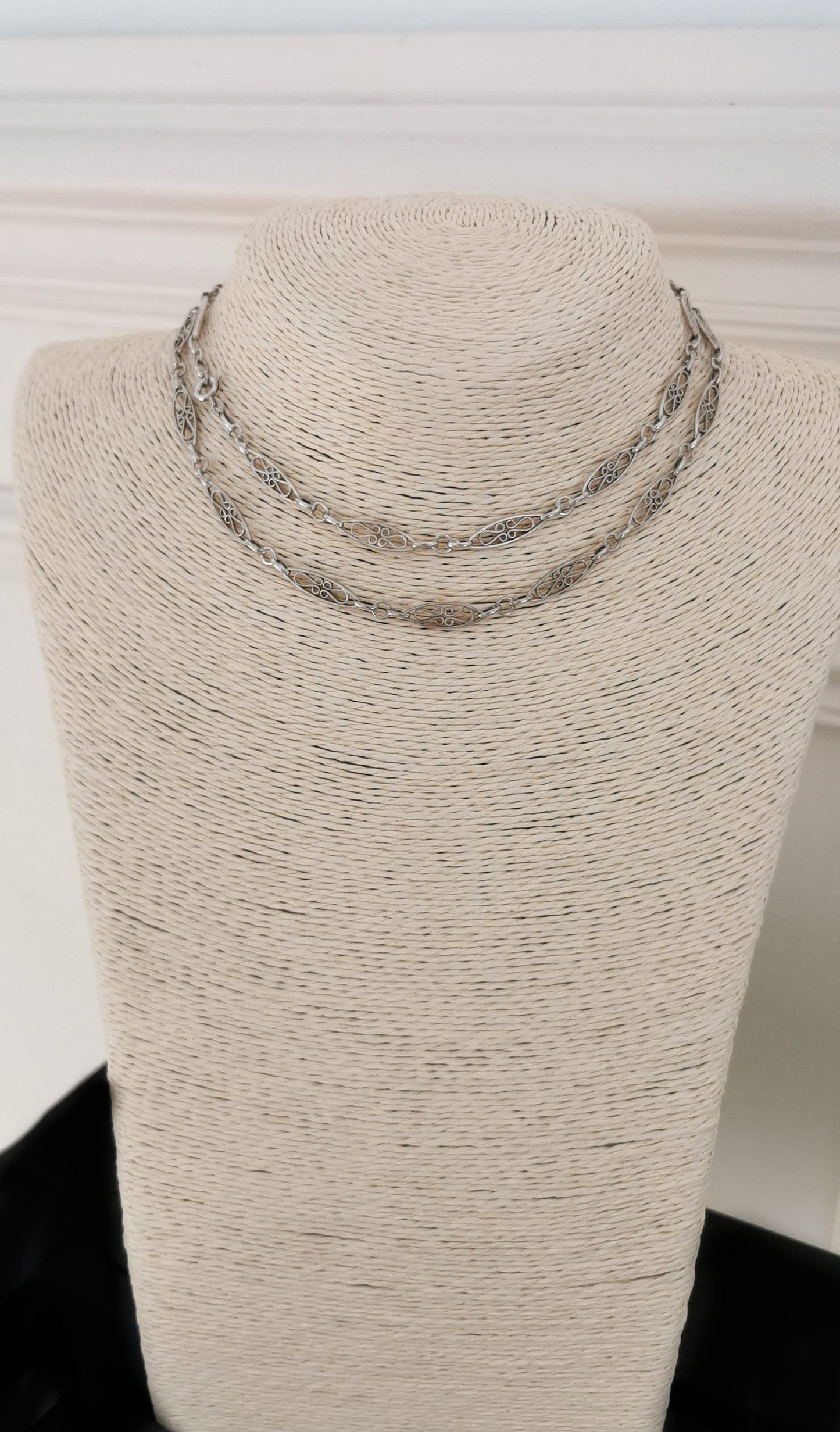 Edwardian Antique Silver Filigree Necklace with Bolt Ring French Guard Chain gift for Her Antique Necklace Vintage silver necklace