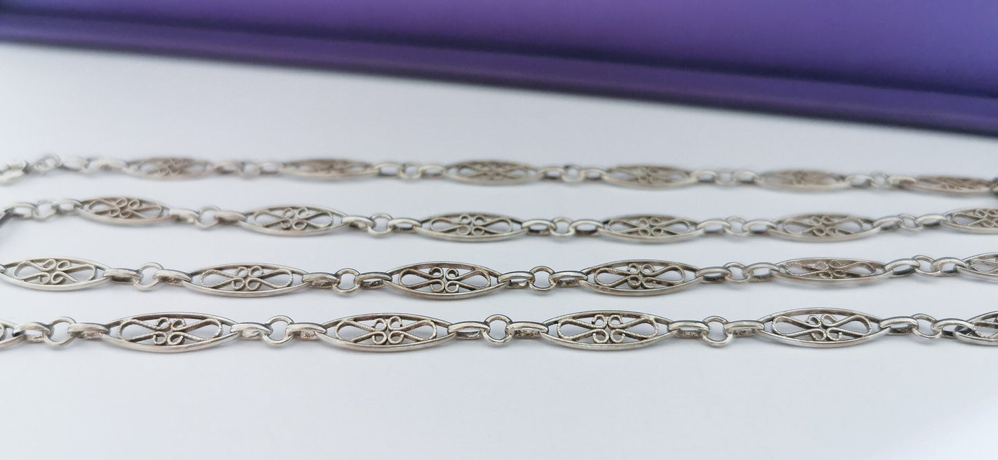 Edwardian Antique Silver Filigree Necklace with Bolt Ring French Guard Chain gift for Her Antique Necklace Vintage silver necklace