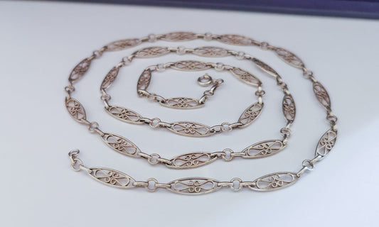 Edwardian Antique Silver Filigree Necklace with Bolt Ring French Guard Chain gift for Her Antique Necklace Vintage silver necklace