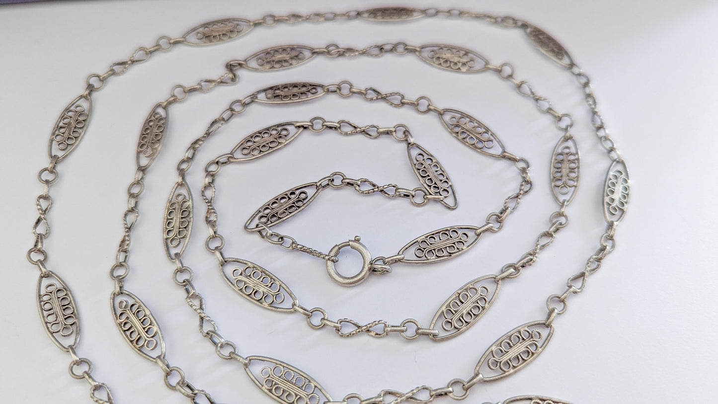 52" 1880- 1910 Antique Necklace French silver filigree Edwardian Chain Antique Longuard chain Vintage Necklace gift for her