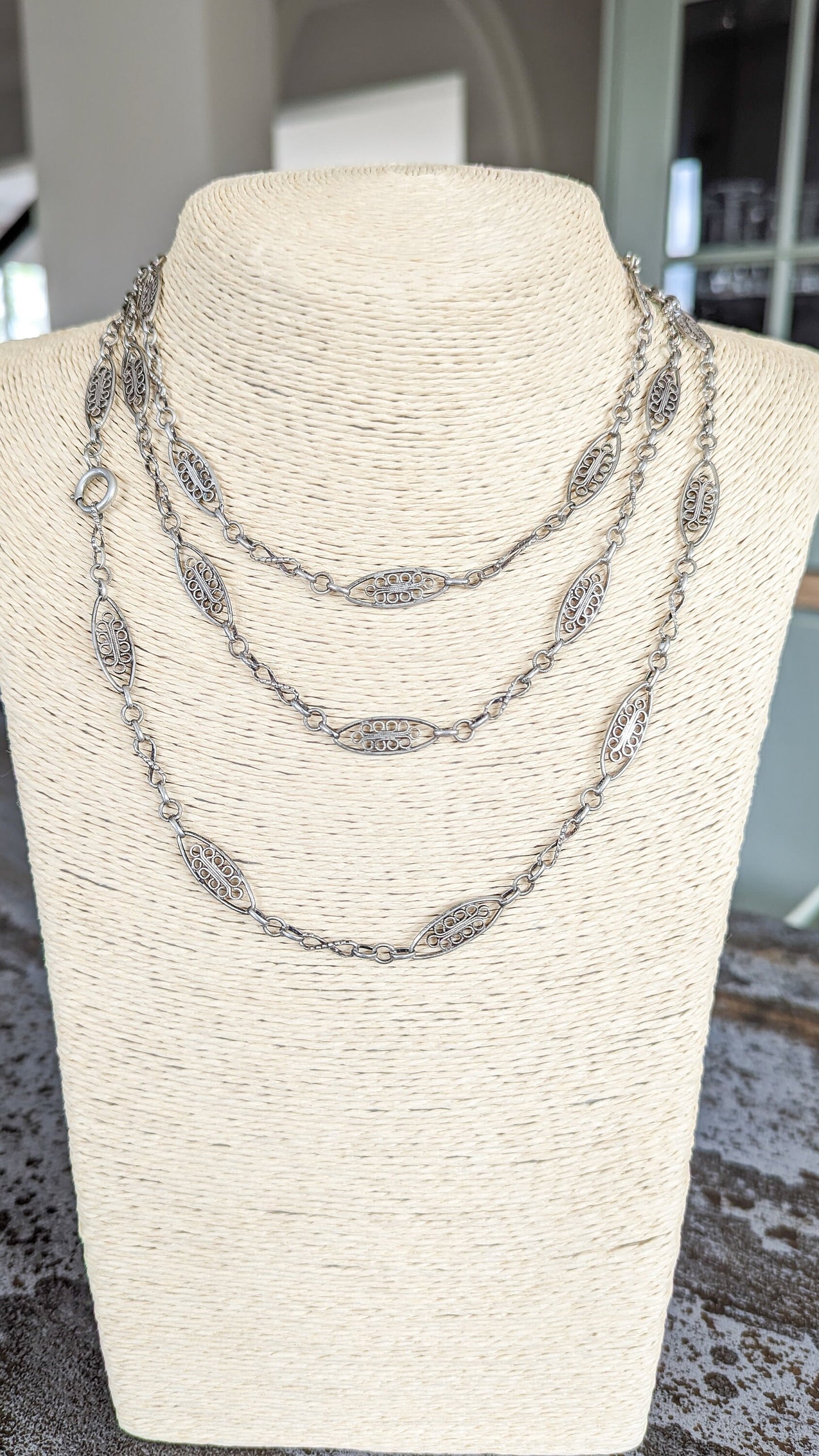 52" 1880- 1910 Antique Necklace French silver filigree Edwardian Chain Antique Longuard chain Vintage Necklace gift for her