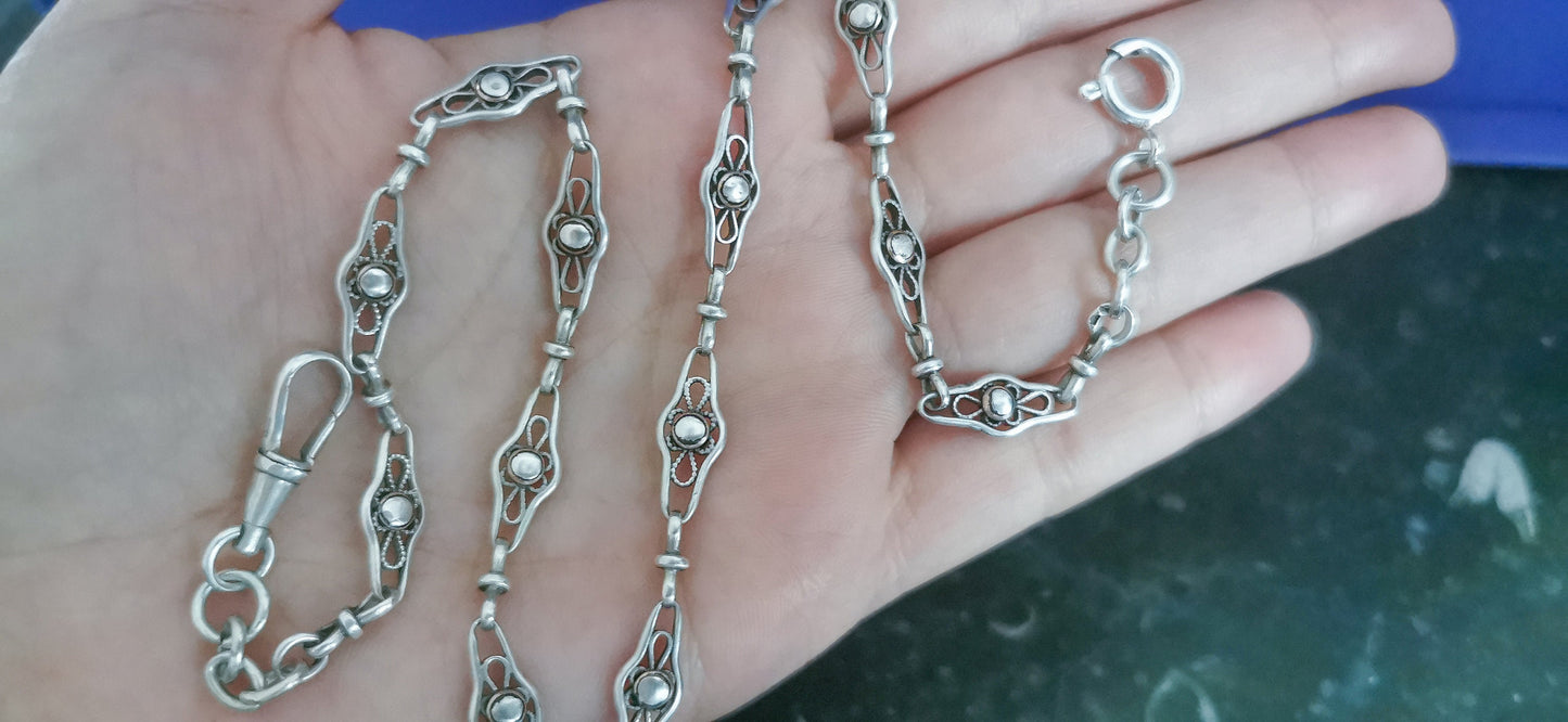 1900s Antique Watch chain Antique Necklace French silver Filigree Chain Edwardian Watch Chain gift for her Antique Filigree necklace