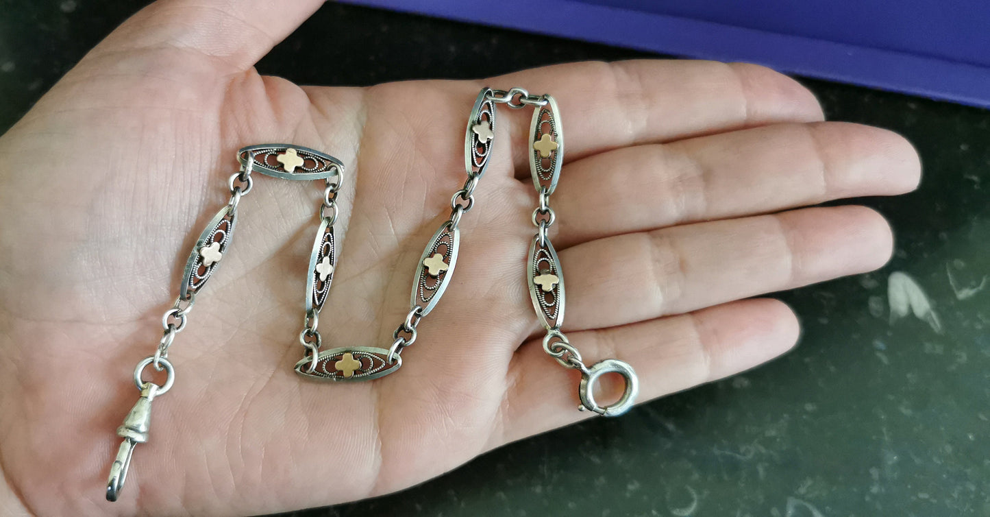 Antique French Silver and vermeil filigree bracelet silver and gold Albert watch chain Vintage bracelet gift for her