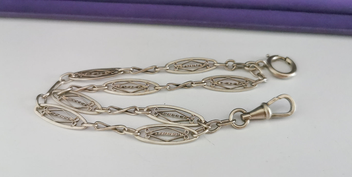 1920s Art Deco French Watch Chain silver double Bracelet with dog clip clasp gift for Her Antique silver bracelet