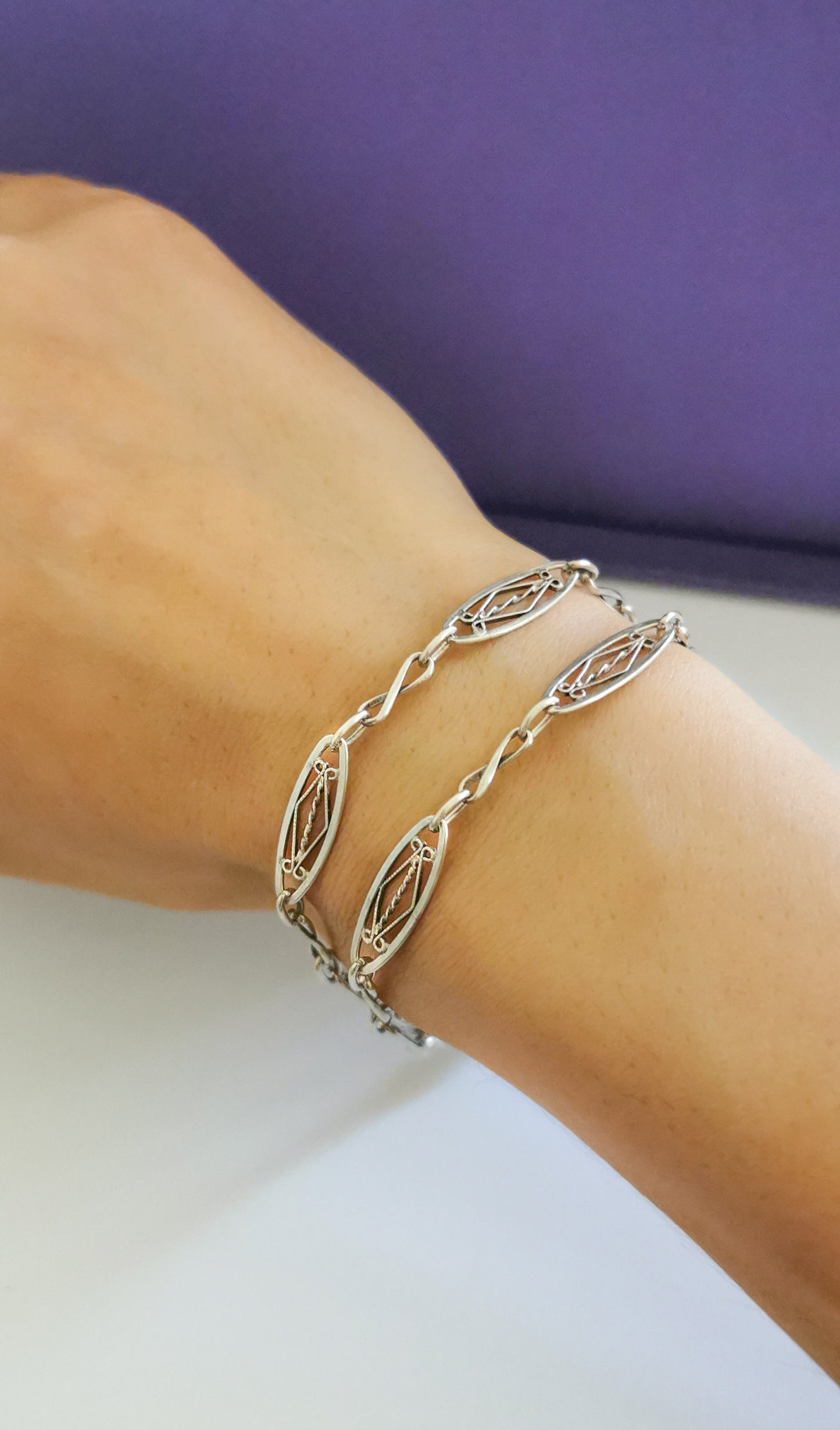 1920s Art Deco French Watch Chain silver double Bracelet with dog clip clasp gift for Her Antique silver bracelet